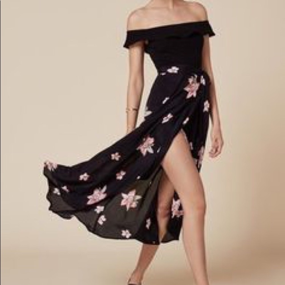 Reformation Black Off-Shoulder Floral Midi Skirt